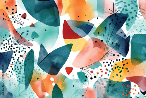 Seamless pattern with watercolor spots and abstract shapes. Hand drawn illustration