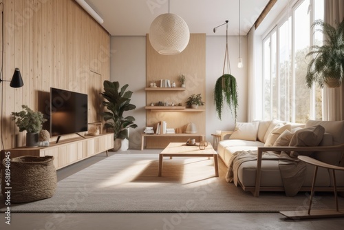 Scandinavian minimalism. Bright studio living room. Comfortable design huge modular couch, armchair, wooden lamp, tv, and green plants. Above. Generative AI © 2rogan