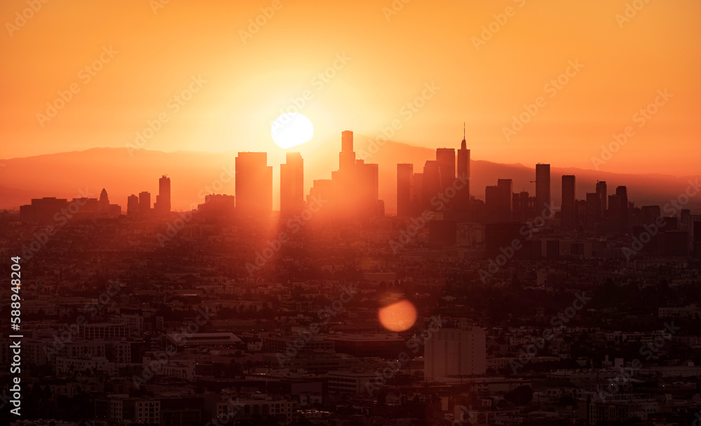Downtown Los Angeles Skyline Silhouette at Sunrise, beautiful morning