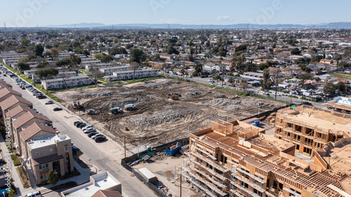 Afternoon aerial view of demolition and new construction in downtown Watts, California, USA. photo