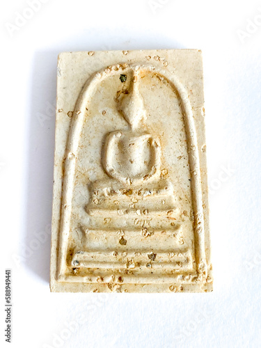 Thai old buddha amulet on white background.