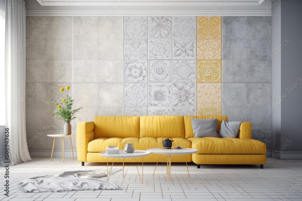 White and yellow floral wall and gray sofa in living room with modern ...