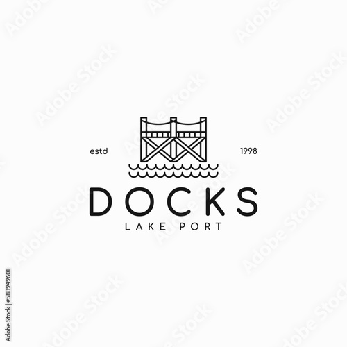 simple docks, lake port, village wharf sign logo business vector design template with outline, modern and minimalist styles isolated on white background. 