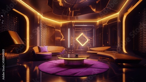 Experience Ultimate Luxury with Futuristic Mauve Purple and Mustard Yellow Interior, Shiny Walls, and Award-Winning Digital Art in Stunning 8K HD, Generative AI