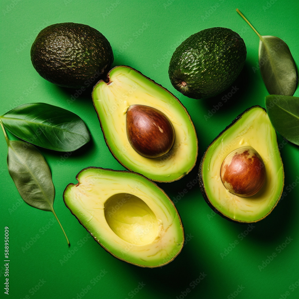 Avocado sliced in half on green background Avocado sliced in half on green background
