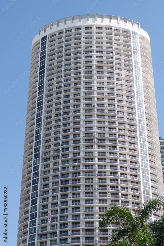 high skyscraper architecture on blue sky, vertical photo. skyscraper architecture outdoor.