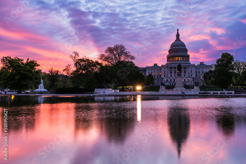 View of US Capitol Building with beautiful sky before sunrise, Washington DC
