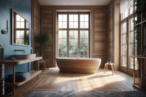 An integrated bathtub in the family bathroom  oak window drapes . Generative AI