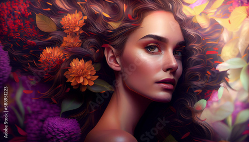 花と女性の美容イメージ（コスメ・エステ・髪の毛・美容室・ヘアケア・Generative AI）
