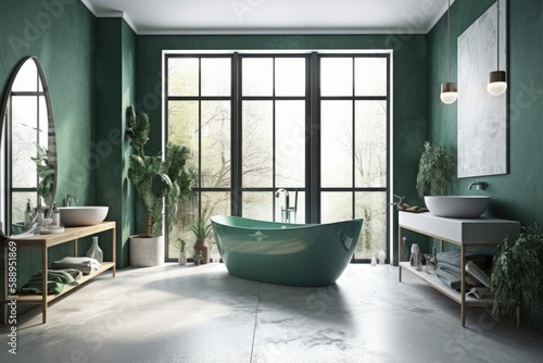 Interior of a green and white bathroom with a concrete floor  lots of windows  a tub next to a green wall  and a table with self care items. a mockup. Generative AI