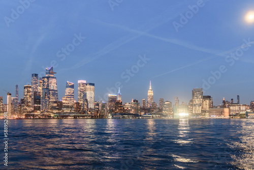 Midtown NYC and Hudson Yards at Twilight with Moon, April 2022