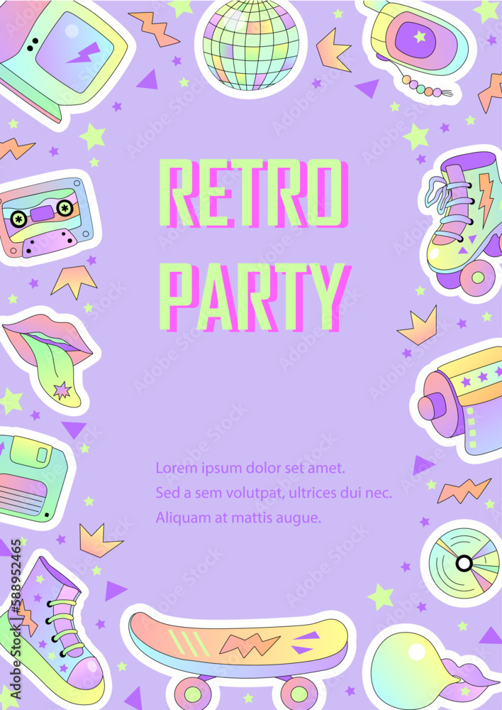 Template with retro objects for invitation, poster, advertising. 90s vibes. Vector illustration. Template with retro objects for invitation, poster, advertising. 90s vibes. Vector illustration.