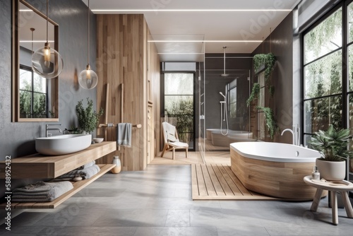 Modern  artistic bathroom with gray and wood finishes  open concept  parquet flooring. Roof beams  a shower  a free standing bathtub  and a comfortable seating area. concept for a spa s decor