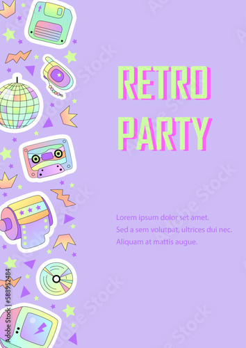 Template with retro objects for invitation, poster, advertising. 90s vibes. Vector illustration.