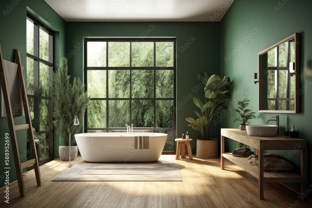 Corner bathroom with modern green walls, wood flooring, loft window, ladder, wooden sink, and bathtub. Spas, hotels, and upscale properties a mockup. Generative AI