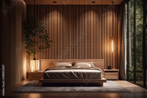 Japanese timber bedroom design with battens and a hidden light wall design. Generative AI © 2rogan