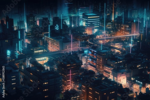 Aerial view of futuristic city at night, generative AI © Nattawat