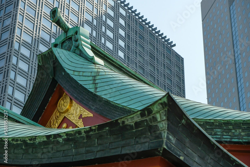 Photography Tokyo, Japan - March 9, 2023: Detail of the Hile Shrine Sanctuary in Chiyoda, Tokyo, Japan