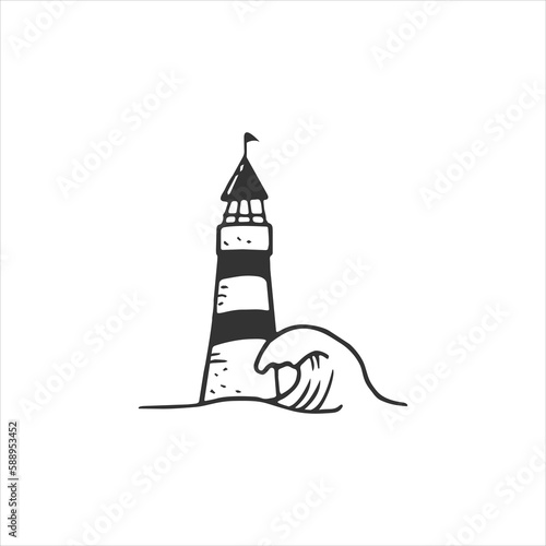 A black and white drawing of a lighthouse with a flag on the top.