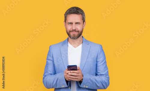 cheerful businessman chat on phone. businessman chat on communication smartphone.