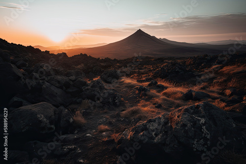 Volcano landscape with rough rocky terrain at sunset. Generative AI