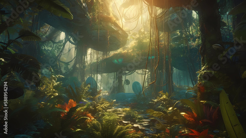 futuristic jungle scene  digital art illustration  Generative AI