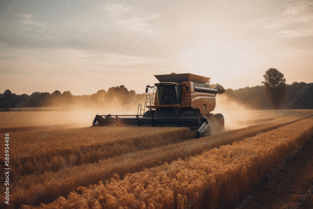 Fototapeta premium Combine harvester collecting wheat in field. Generative AI