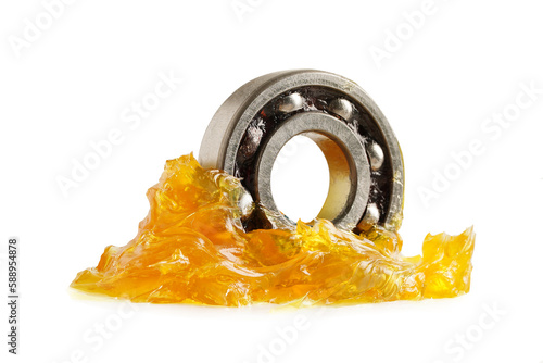 Grease and ball bearing isolated on white background with clipping path, lithium machinery lubrication for automotive and industrial.