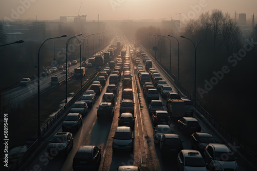 Cars on the highway polluting the city. Generative AI