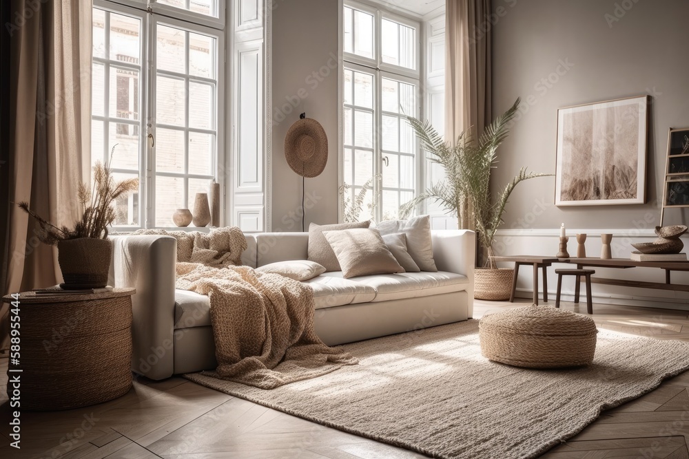 Modern Scandinavian home decor. Beautiful boho living room with