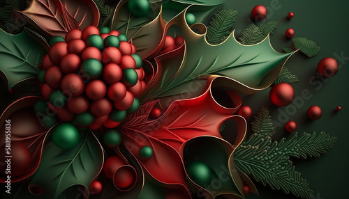 Luxury realistic Christmas background with green and. Generative AI.