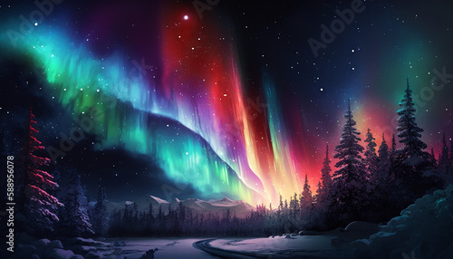 Colorful realistic Christmas background with aurora. Generative AI.