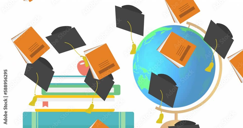 Animation of graduation hats over school books and globe Animation of graduation hats over school books and globe