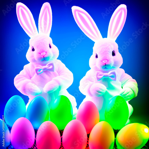 Easter bunnies. Abstract colorful background. Diffuse lights. Generative AI. © Luan