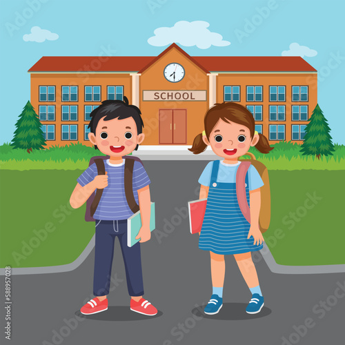 Happy kids students boy and girl with backpack back to school