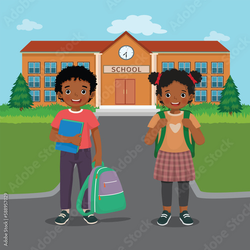 Happy African kids students boy and girl with backpack back to school