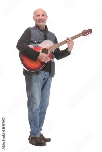 Portrait Of Mature Man Playing Guitar On White Background