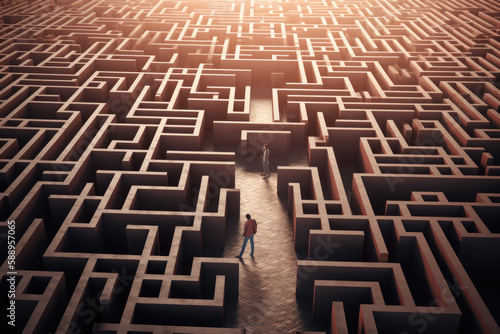Man walking into big labyrinth. Finding solution concept, generative AI