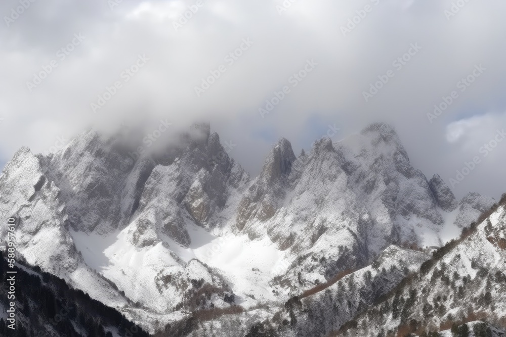 on a gloomy day, breathtaking vistas of the snow-capped mountains. Generative AI