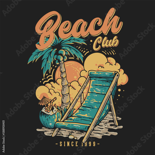 T Shirt Design Beach Club With Beach Seat Under Coconut Tree On The Beach Vintage Illustration (ID: 588958401)