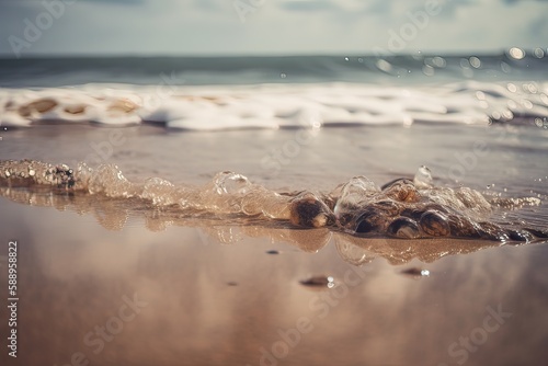 Splashing Wave on Sandy Shore with Sparkling Sunshine on Water. Generative Ai.
