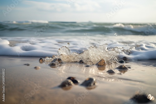 Splashing Wave on Sandy Shore with Sparkling Sunshine on Water. Generative Ai.