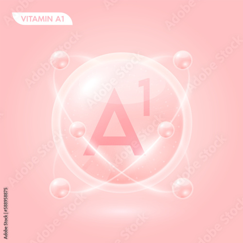Cream pink vitamin A1 solution. Substance for beauty cosmetic with chemical formula from nature. Collagen serum and hyaluronic acid skincare. Medical scientific concept. 3D Realistic Vector.