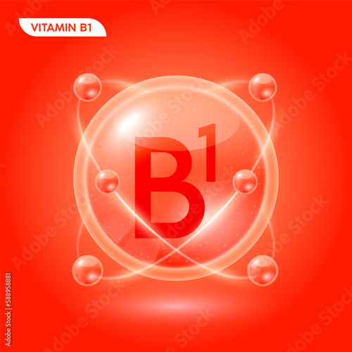Red vitamin B1 solution. Substance for beauty cosmetic with chemical formula from nature. Collagen serum and hyaluronic acid skincare. Medical scientific concept. 3D Realistic Vector.