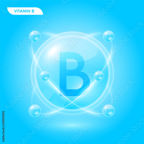 Blue vitamin B solution. Substance for beauty cosmetic with chemical formula from nature. Collagen serum and hyaluronic acid skincare. Medical scientific concept. 3D Realistic Vector.