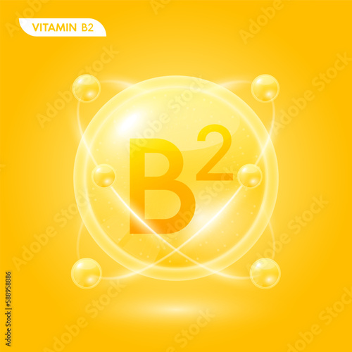 Yellow vitamin B2 solution. Substance for beauty cosmetic with chemical formula from nature. Collagen serum and hyaluronic acid skincare. Medical scientific concept. 3D Realistic Vector.