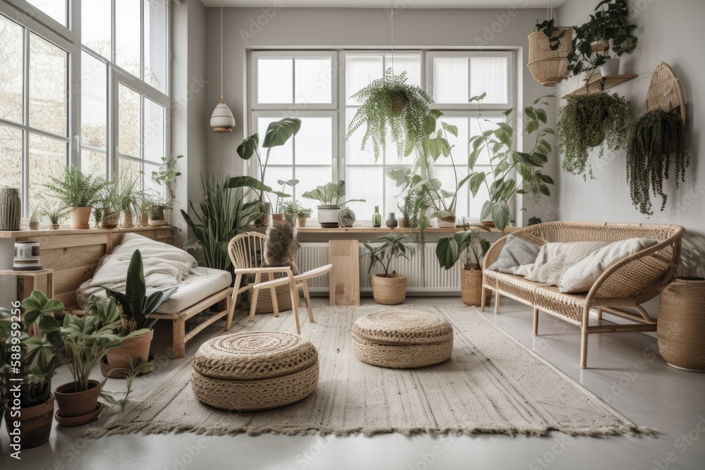 Boho or loft style living room plants. Contemporary home with potted plants. Generative AI