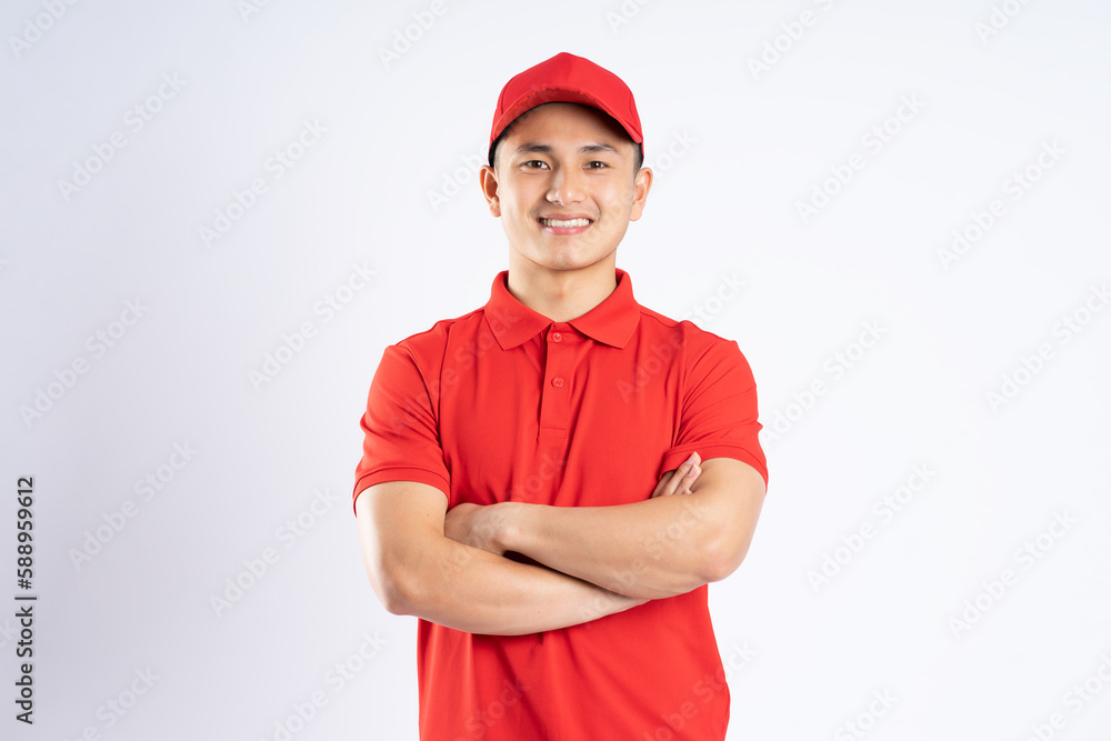 portrait of asian delivery man on white background portrait of asian delivery man on white background