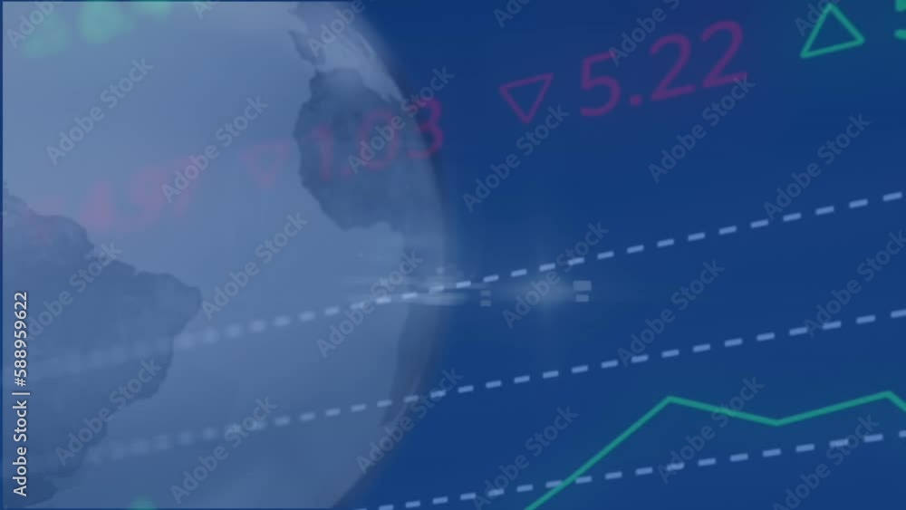 Animation of stock market data processing over a globe against blue background Animation of stock market data processing over a globe against blue background
