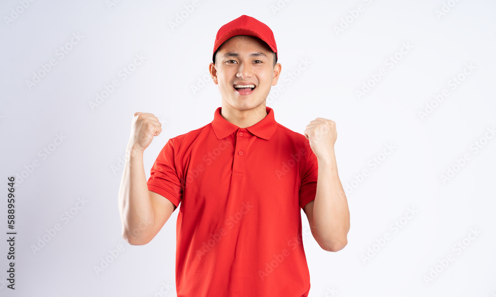 portrait of asian delivery man on white background